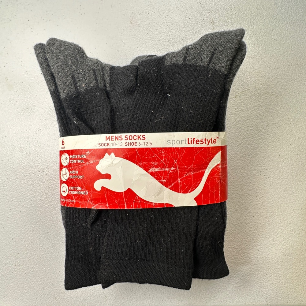 NOS Puma Mens Socks 6 Pair Pack Black‎ Grey Cotton Blend Cushioned Crew  10-13